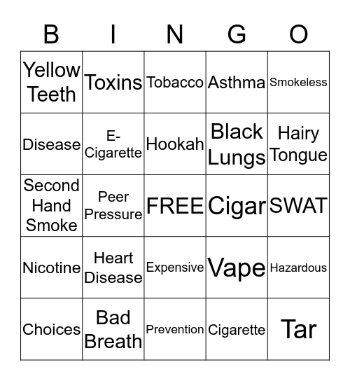 Smoking Prevention Bingo Card