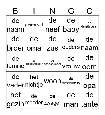 Familie Bingo Card