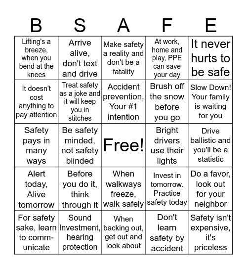 Safety Bingo Card