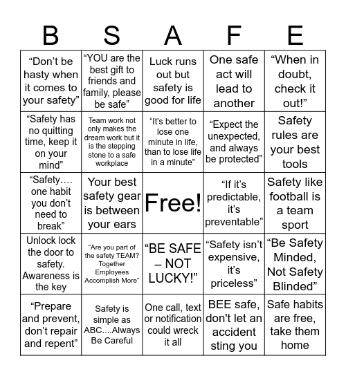 Safety Bingo Card