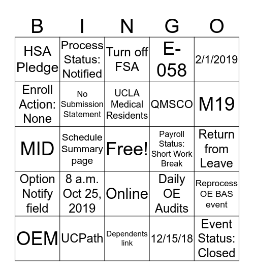 Open Enrollment 2019 BINGO!!! Bingo Card