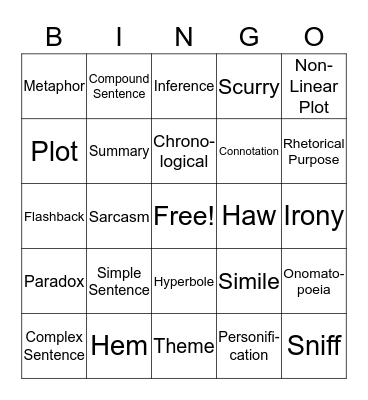 English I BINGO Card