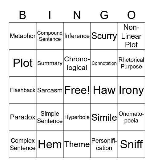 English I BINGO Card