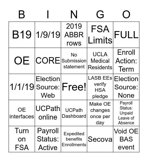 Open Enrollment 2019 BINGO!!! Bingo Card