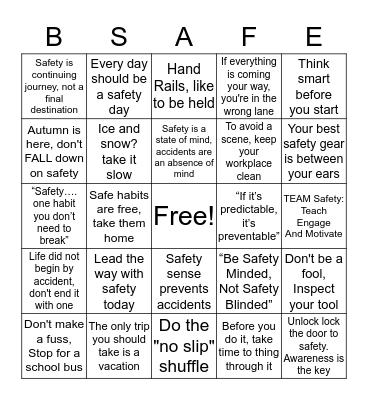 Safety Bingo Card