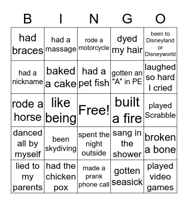 Never Have I Ever..... Bingo Card