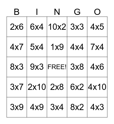 Multiplication Arrays 1,2,3,4 Bingo Card
