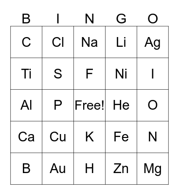 Periodic Table Bingo Card