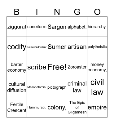 Ancient Civilization Bingo Card