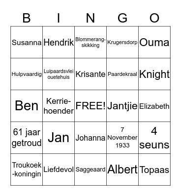 Ouma Babs se 80jaar Bingo Card