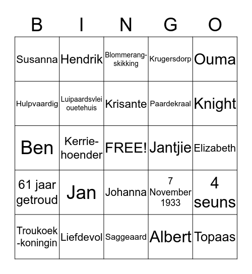 Ouma Babs se 80jaar Bingo Card