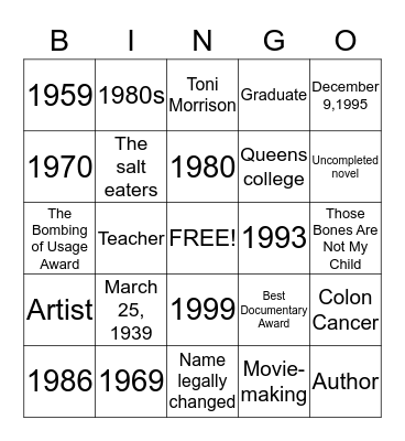 Toni Cade Bambara Bingo Card