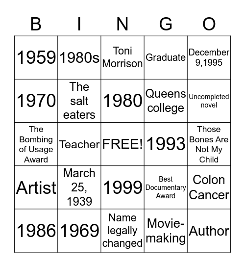 Toni Cade Bambara Bingo Card