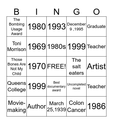 Toni Cade Bambara Bingo Card