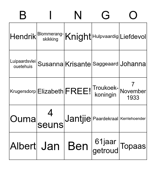 Ouma Babs 80jaar Bingo Card