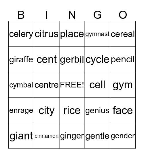 Words with a Soft  "c" and "g" Sound Bingo Card