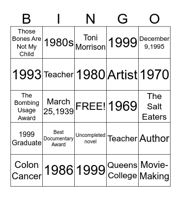 Toni Cade Bambara Bingo Card