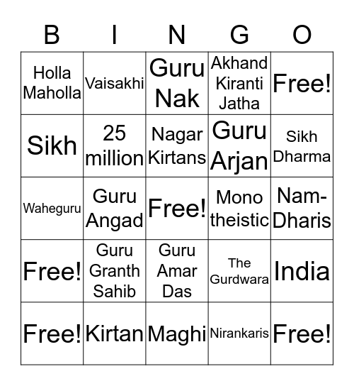 Sikhism Religion Bingo Card