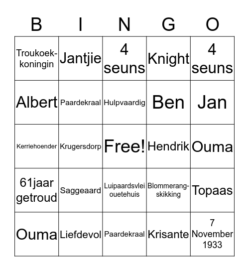 Ouma Babs 80jaar Bingo Card