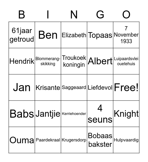 Ouma Babs 80jaar Bingo Card