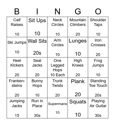 Fitness Bingo Card