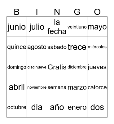 El calendario - Dias, Meses, Numeros Bingo Card