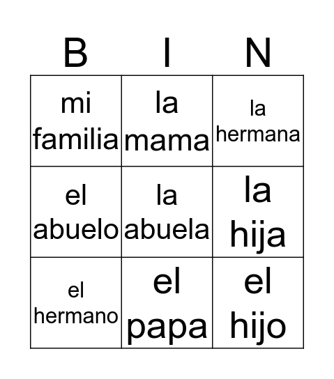 La Familia Bingo Card