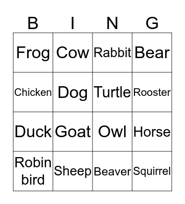 Animal Bingo Card