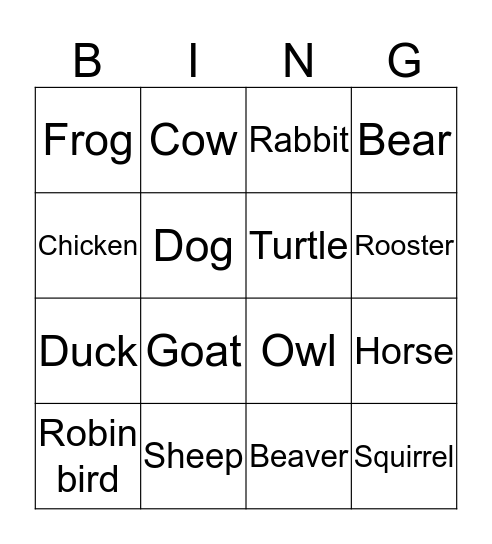 Animal Bingo Card