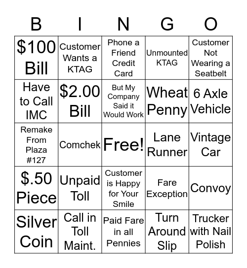 TOLL COLLECTOR "BLACK OUT" BINGO Card