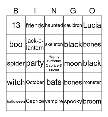 Happy Birthday Caprice and Lucia Bingo Card