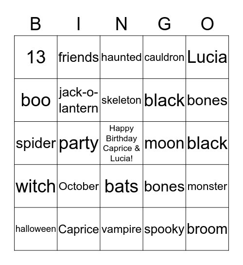 Happy Birthday Caprice and Lucia Bingo Card