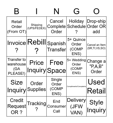 Phone Call Bingo Card