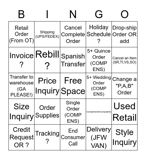 Phone Call Bingo Card