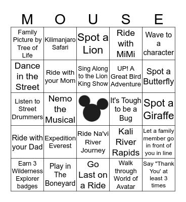 Disney's Animal Kingdom Bingo Card