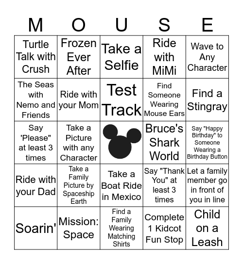 Disney's Epcot Bingo Card