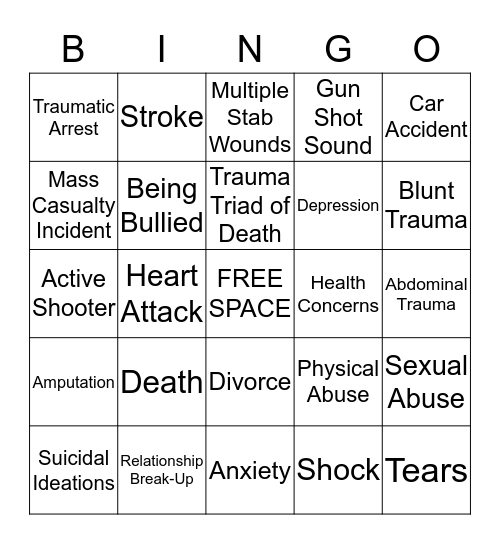 TRAUMA: CAUSES & EFFECTS BINGO Card