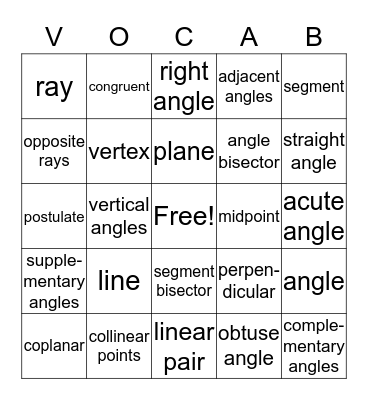 Geometry Vocabulary Bingo Card