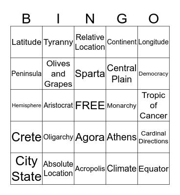 Geography & Ancient Greece Bingo Card