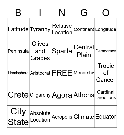 Geography & Ancient Greece Bingo Card
