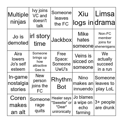 ClouD Shenenigans Bingo Card