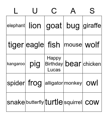 Animals Bingo Card