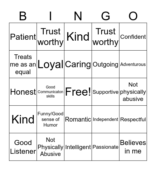 Healthy Relationship Bingo Card