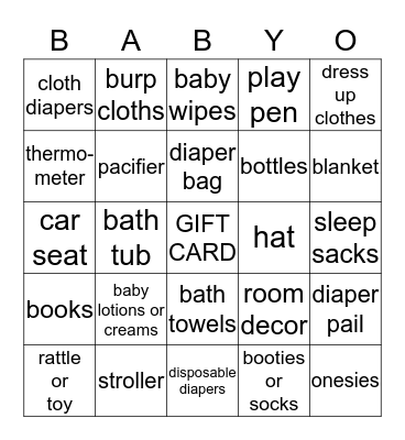 Sara's Baby Shower Bingo Card