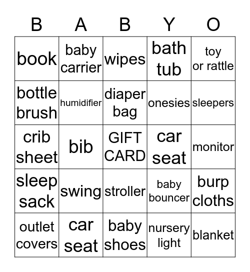 Sara's Baby Shower Bingo Card