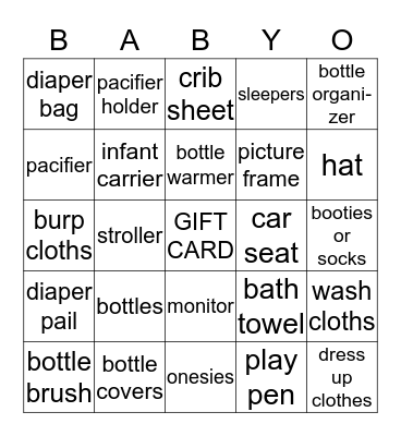 Sara's Baby Shower Bingo Card