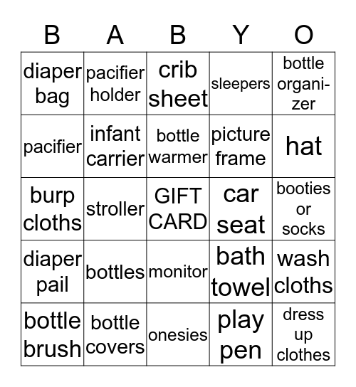 Sara's Baby Shower Bingo Card