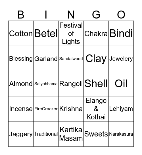 2013 Deepavali Celebration Bingo Card