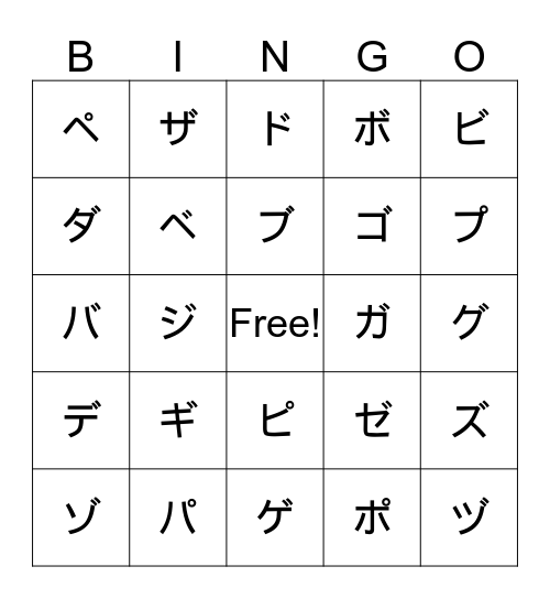 Katakana_Daku&Handaku-On Bingo Card