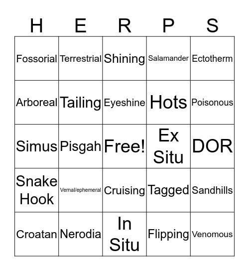 Herp Lingo Bingo Card